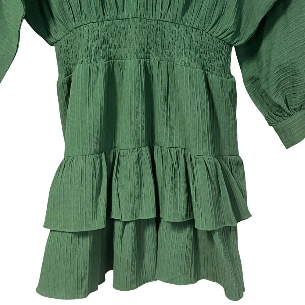 Entro Green Textured V-Neck Smocked Waist Tiered Ruffle Mini Dress Womens Size M